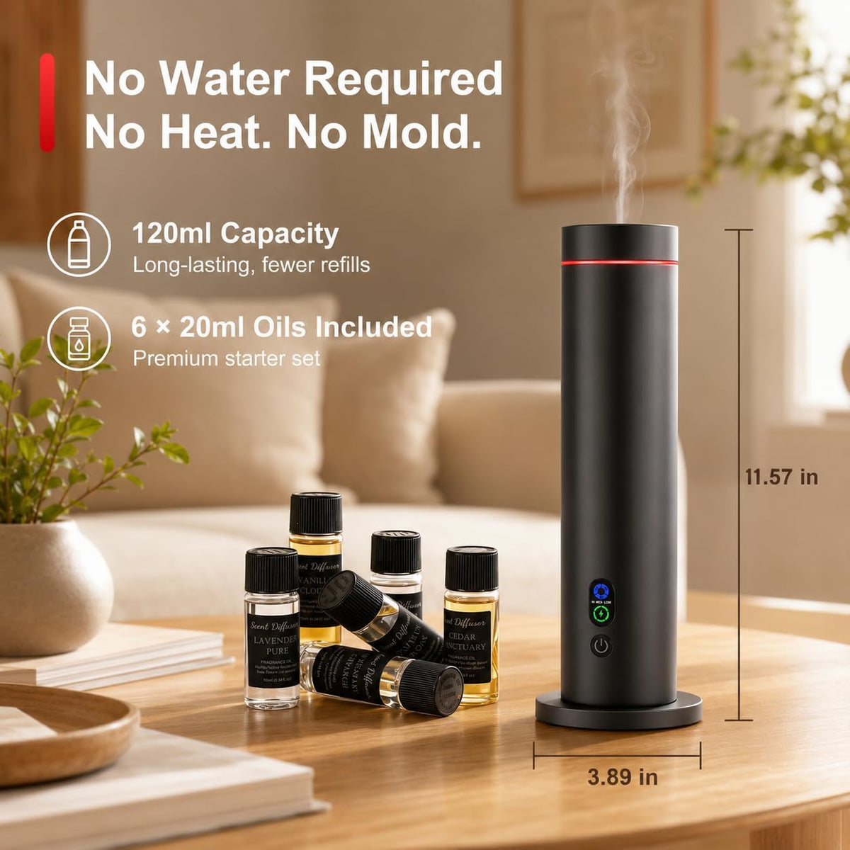 Waterless Essential Oil Diffuser, Metal Scent Diffuser, Black