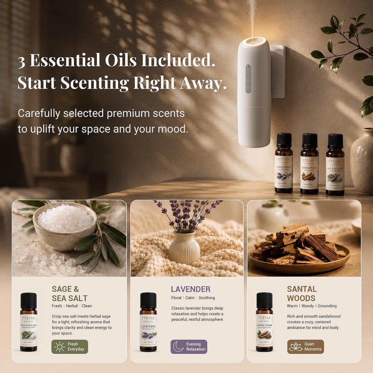 Wall Plug-in Waterless Diffuser with App Control & 3 Essential Oils