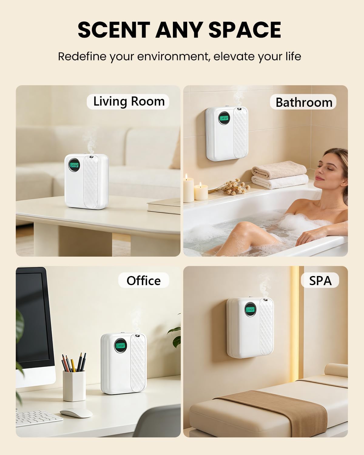 Waterless Essential Oil Diffuser for Home & Office, Smart Bluetooth App Control Scent Machine, 3000 Sq Ft Coverage, 400mL Cold Air Aromatherapy for Large Rooms - Bright White