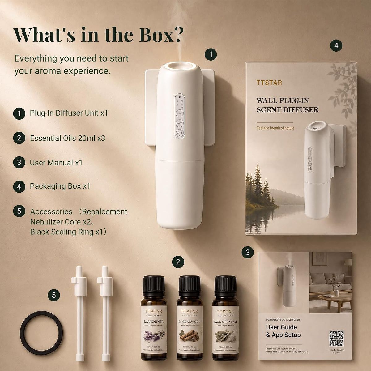 Wall Plug-in Waterless Diffuser with App Control & 3 Essential Oils